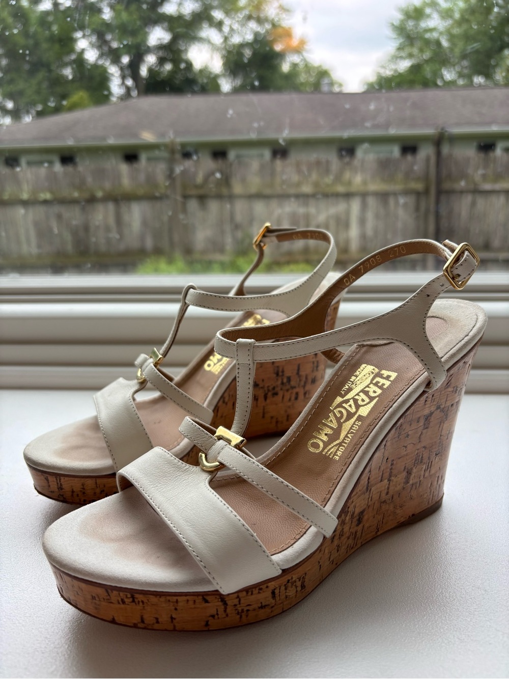 Salvatore Ferragamo Cream Leather Cork Wedge Sandals with Gold Hardware
